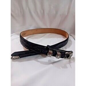 Tony Lama Tooled Leather Western Belt Silver Buckle Floral Black Size 38 #C40583